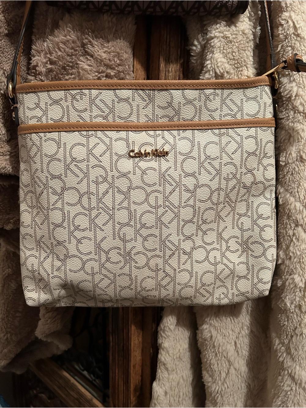Calvin Klein Cream and Tan Signature Crossbody Bag
